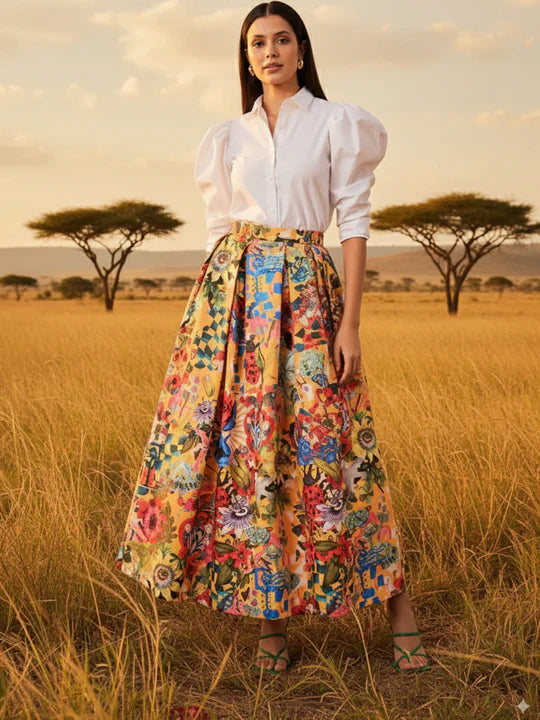 Box Pleated Linen Midi Skirt